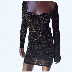 NWT Top Chic Brand bodycon mesh corset MINI dress padded bra BLACK silver M /‎ L